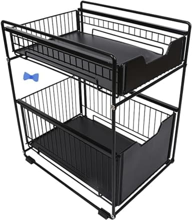 HUOLE Rangement Sous évier à 2 Niveaux,Organiseur de Cuisine, Étagère sous Évier, Porte-épices,Panier de Rangement Coulissant en métal,pour Cuisine, Salle de Bain,Chambre (noir-1PC)