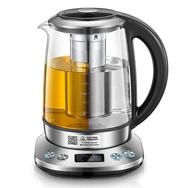 FOHERE Bouilloire électrique en Verre, Théière Electrique Température Réglable 2200w, Fonction de Maintien au Chaud 120 Mins, Infuseur à thé Amovible, 1.7L