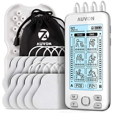 AUVON 4 Canaux Appareil d'électrostimulation EMS/TENS pour le soulagement de la douleur, avec 24 modes de electrostimulateur musculaire, 10 pièces d'électrodes brevetées de 2"x2"