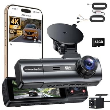 BKXCHA 4K Dashcam Voiture Avant Arrière avec Hardwire Kit, 3 Canaux Camera de Bord avec 24H Mode Parking, Carte SD 64G, WiFi & Application, G-Capteur, WDR, Vision Nocturne, Enregistrement en Boucle