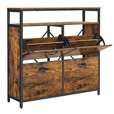 VASAGLE Meuble à Chaussures, Porte-chaussures Fin, Meuble de Rangement à 4 Abattants, pour 12-20 Paires, Anti-poussière, 30 x 98,3 x 95 cm, pour Entrée, Marron Rustique et Noir LBS803B01