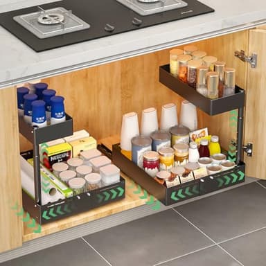 KUOGAS Organisateur de Rangement Sous Évier Cuisine en Métal – Système Extractible et Réglable en Hauteur, Aménagement Universel pour Placard de Cuisine et Salle de Bain (1, Nero)
