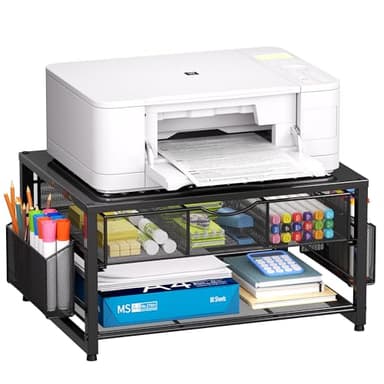 Marbrasse 2 Niveaux Support d'imprimante et Rangement,Support d'écran avec Tiroir et 2 Porte-stylos,Organiseur de Bureau en Métal,Organiseur de Bureau pour Télécopieur,Sscanner et Ordinateur(Noir)