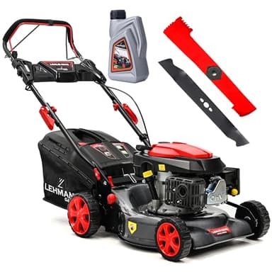 LEHMANN Tondeuse à Gazon Thermique Autotractée, 146 cm³ 2,6 KW, Largeur de Coupe 42 cm, 5 Niveaux 25-70 mm, 40 L Capacité de Ramassage, Surface Jusqu'à 2000 m², Carrosserie Solide en Carbone