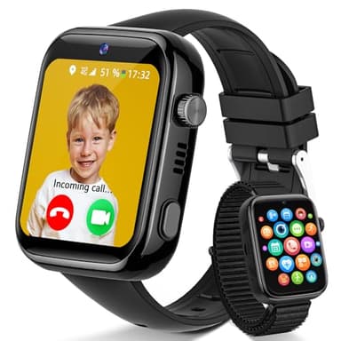 4G Montre Connectée Enfants IP68 Étanche Appels, Appels Vidéo, Chat Vocal, WhatsApp, Wi-Fi, GPS, SOS, Mode École, Podomètre, Smartwatch pour Filles et Garçons Noir