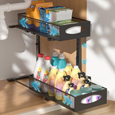 PUTINEI Rangement sous Évier,2 Niveaux Organisateur sous Evier Cuisine,Hauteur Réglable Rangement Souss Eviers Cuisine,Tiroir Coulissant,pour Cuisines, Placard, Salle de Bain,Noir,1 Pièce