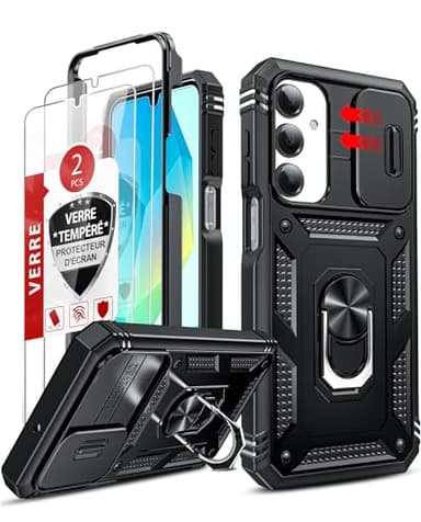 LeYi Coque pour Samsung Galaxy A16/A 16 4G/5G avec 2*Verre Trempé+Anneau Support,Full Protection de la Caméra en PC Dur Anti-Chut Renforcée Armor Heavy Duty Antichoc Bumper Housse Etui，Noir