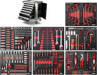 Mephisto XXL Chariot à outils Servante d'atelier avec 7 tiroirs Dont 7 remplis d'outils tels que clés à molette, cliquet avec écrou, tournevis, etc. dans des tiroirs avec inserts souples en optique de