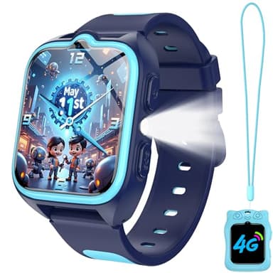 IOWODO Montre Connectée Enfants 2025 | 4G LTE avec SIM | GPS Traceur + SOS Appel Urgence | Batterie | Appels Vidéo et Chat Vocal |Mode école et Zones de Sécurité | 5-12 Ans (Bleu)
