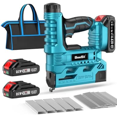 SEESII Cloueur Sans Fil, Cloueur Électrique 18 Gauge avec 2 Batteries 2.0Ah et 1000 Clous/Agrafes, Profondeur de Clouage Réglable, Cloueur-Agrafeuse 2 en 1 pour Tapisserie et Travail du Bois