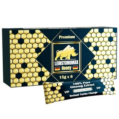 Leinstungmax Miel Premium – Miel enrichi en ginseng, gelée royale et vitamines B1 et B2 | 6 x 15 g | Énergie instantanée quand vous en avez le plus besoin | Performance optimale pour les hommes actifs
