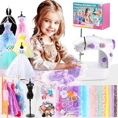 Pllieay Mini Machine à Coudre pour Débutants - Kit de Créateur de Mode de 240 Pièces avec Machine à Coudre Enfant, Kit de Confection de Vêtements pour Poupées, Jouet Créatif pour Enfants