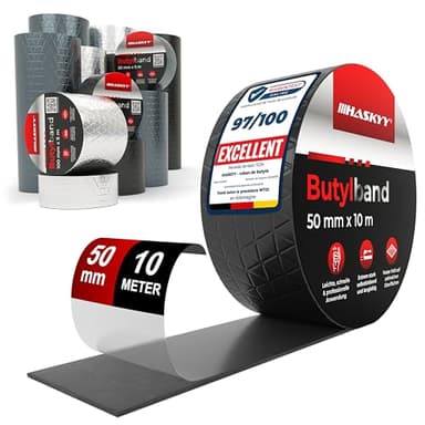 HASKYY Ruban d'étanchéité en butyle 50mm x 10m Adhésif Bande en Étanche en caoutchouc butyle en aluminium - Imperméables de Réparation - résistant au vieillissement, à la corrosion et aux UV - Noir