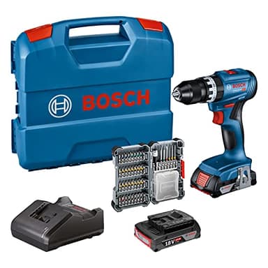 Bosch Professional 18V System perceuse-visseuse à percussion sans-fil GSB 18V-45 (régime à vide 1 900 tr/min, avec 2 batteries 2,0 Ah, accessoires, GAL 18V-20, L-Case) – Set Amazon Exclusive