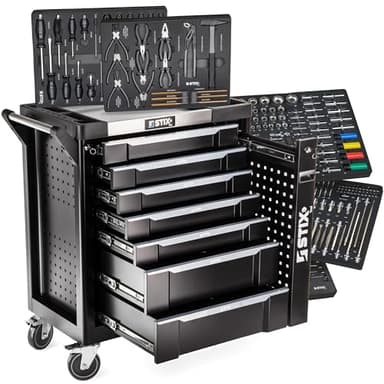 STIX Servante Atelier avec 267 Outils CR-V 7 Tiroirs sur Glissières Tiroir Cargo Plan de Travail INOX Verrouillage Central Mobilier Atelier Professionnel UltimatePro B7/TS1