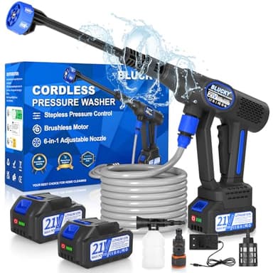 Nettoyeur Haute Pression sans Fil, 65Bar Nettoyeur Haute Pression Portable avec Buse Réglable 6 en 1, Pistolet Haute Pression sans Fil avec 2 4.0Ah Batteries pour Nettoyer Les Voitures, Sols (Noir)