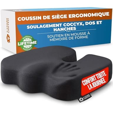 5 STARS UNITED Coussin d’Assise en Mousse à Mémoire de Forme, Coccyx Ergonomique pour Chaise de Bureau, Soulagement Sciatique & Lombaires – Noir