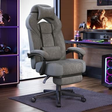 SONGMICS Chaise de Jeu, Chaise d'Ordinateur, Ergonomique, avec Repose-Pieds, Coussin de Tête Ajustable, Support Lombaire, Capacité de Charge de 150 kg, Gris Ardoise OBG077G01