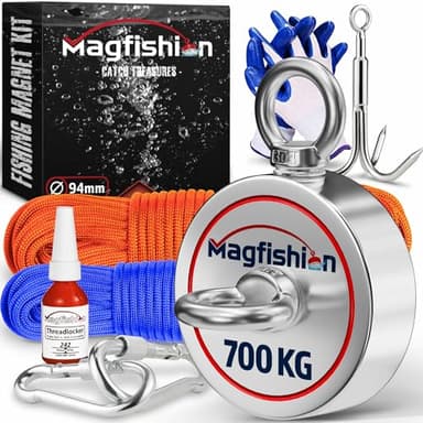MAGFISHION Aimant Neodyme Puissant - Traction de 700KG (2 x 350KG) - Aimant de Pêche - Ø94mm - Peche a l'aimant avec 2 Cordes, Crochet Triple et Gants - Kit de Pêche Super Magnétique