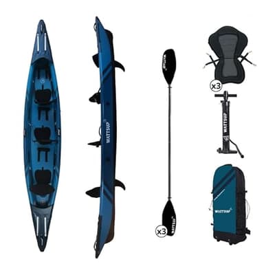 Wattsup - Kayak Gonflable - Gamme Torpedo 3 Places - 476x80cm (15'6"x31") - 100% Haute Pression/Dropstitch - Pack Complet : Pagaies Double Sièges Pompe Sac de Transport - Jusqu'à 235 kg - Bleu