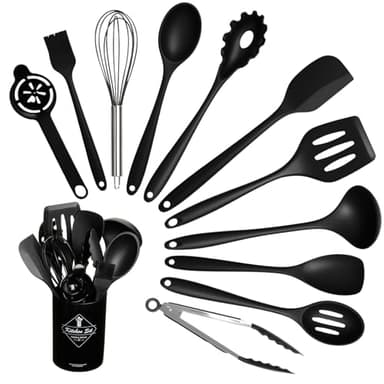 VINATO Set Ustensile Cuisine 12 Pièces en Silicone Alimentaire, Ustensiles de Cuisine sans BPA, Lavable au Lave-Vaisselle, Noir