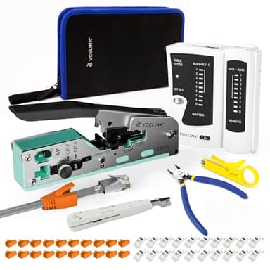 VCELINK Professionnel Network d’installation Kits Sertissage, Pince à Sertir RJ45 avec 20 Connecteurs RJ45 Cat7 Pass Through, Testeur RJ45, Pince Coupante, LSA Outil de Montage, Mini Pince à dénuder