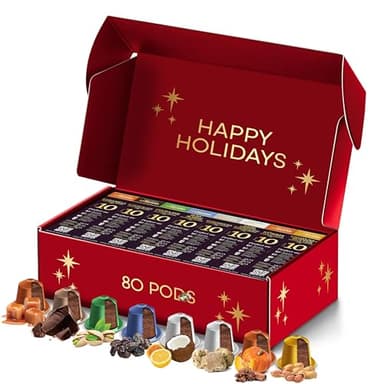 La Natura Lifestyle AROMA BOX, 80 capsules de café compatibles avec les machines à capsules Nespresso, 8 SAVEURS uniques, caramel, chocolat, pistache, coco, rhum, truffe, potiron, cacahuète