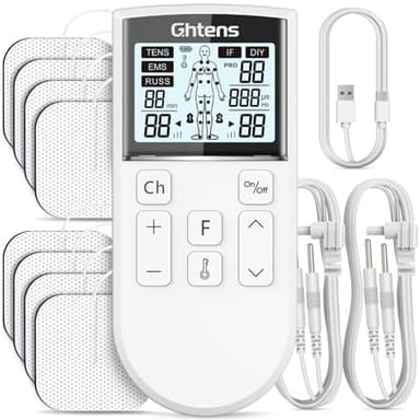 GHTENS Électrostimulateur Musculaire 5 en 1: TENS/EMS/IF/RUSS/DIY, Appareil de Stimulation Électrique Rechargeable, 80 Programmes, 2 Canaux, 8 Électrodes, Soulagement de la Douleur et Massage Relaxant