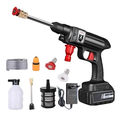 Nettoyeur Haute Pression sans Fil,Pistolet Portable à Eau Haute Pression 30Bar,Jet Max 10 Mètres,Buse 6 en 1 et Tuyau de 5M,pour Voiture, Terrasse, Fenêtre, Pelouse, Pet