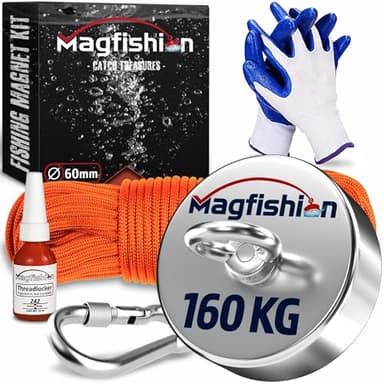 MAGFISHION Aimant Neodyme Puissant - 160 KG - Aimant de Pêche - Ø60mm - Peche a l'aimant avec Corde (20M) et Gants - Kit de Pêche Super Magnétique