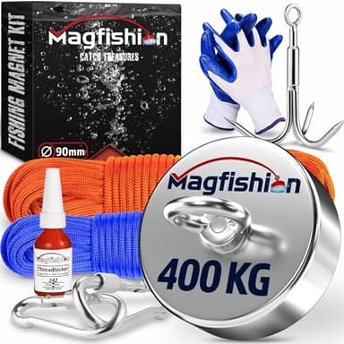 MAGFISHION Aimant Neodyme Puissant - 400 KG - Aimant de Pêche - Ø90mm - Peche a l'aimant avec 2 Cordes, Triple Crochet et Gants - Kit de Pêche Super Magnétique