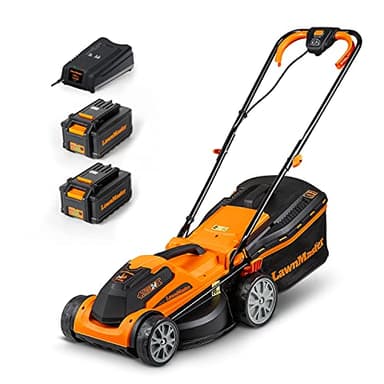 LawnMaster CLMF2434G Tondeuse à Gazon sans Fil 24V Max 2x4.0Ah Batterie, 34cm, Jusqu'à 300m² Paillage 32L, Hauteur de Coupe à 6 Niveaux 20-70mm 2 Ans de Garantie