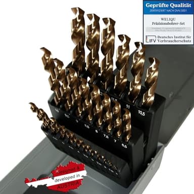 WeLiQu® Perçage parfait HSS-E M35 - Jeu de 25 forets hélicoïdaux au cobalt de 1 à 13 mm - Pas 0,5 mm - Autocentrage - DIN 338 - Type N - 135° pour acier jusqu'à 1000 N/mm² - V2A - CrNi, bronze, fonte