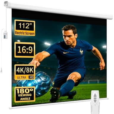 Écran de Projection motorisé Luxscreen de 112 Pouces. Dimensions du Tissu : 1,97 x 1,97 m. Boîtier en Acier de 2,23 m. Tissu Blanc Mat avec Gain de Brillance 1.1. Télécommande Incluse.
