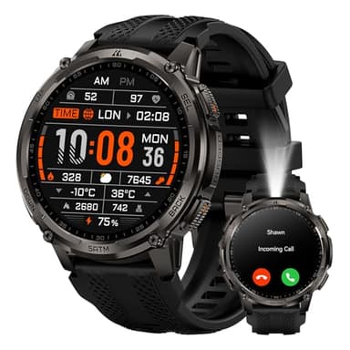 KOSPET Tank T4C Montre Connectée Homme, GPS, Lampe Torche LED et Talkie-Walkie, Corps Entièrement Métallique, 5 ATM & IP69K, Écran AMOLED de 1,5'', Moniteur Sommeil/fréquence Cardiaque/SpO2 (Noir)