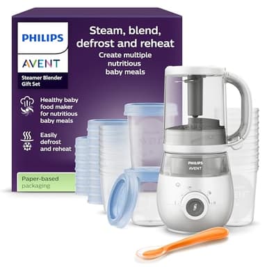 Philips Avent robot cuiseur-vapeur et mixeur Coffret cadeau - Robot cuiseur-mixeur 4 en 1 pour bébé, cuit à la vapeur, mixe, décongèle et réchauffe, avec pots de conservation, SCF883/20