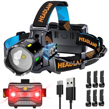 210000 Lux 12 Modes Lampe Frontale Rouge Avertissement Et Capteur Focalisation Réglable, 95H Standy 125°Angle et, Lampe Frontale Puissante IP65 Étanche Pour Course à Pied Pêche Camping Randonnée