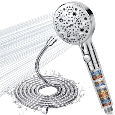 Pommeau de Douche 9 Modes avec Tuyau 2m, Douchette Douche Salle de Bain Anti Calcaire avec Filtre à 15 Étapes e Bouton D'arrêt, Poire de Douche Economie Deau Flexible de Douche 2m (Chrome)