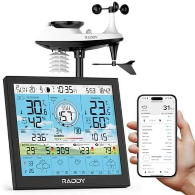 Raddy WF-120P Station météo Wi-Fi avec contrôle via application, écran couleur HTN 10″, température et humidité int./ext., indice UV/lumière, PM2.5 AQI, prévisions 5 jours, capteur extérieur 7-en-1