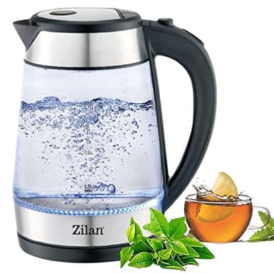 Zilan, Bouilloire en verre et acier inoxydable - 2200 W - 1,7 l - Éclairage LED bleu - 360 ° - Filtre anti-calcaire - Sans BPA - Kettle - Purificateur d'eau - Bouilloire à thé
