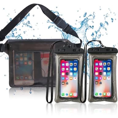 JSTHHTT 3 en 1 Kit Pochette Etanche, Sac Etanche Nautique, Pochette Etanche Smartphone, Pochette Téléphone Portable Étanche, pour Camping Nautique Kayak Pêche Rafting Natation (Noir)