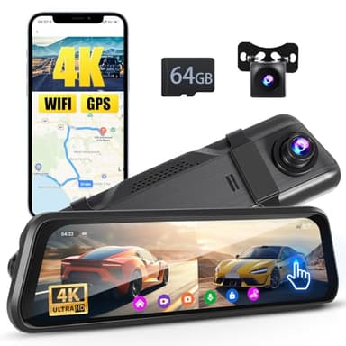 Inefala 4K WiFi Dash Cam Miroir avec GPS & 9.66" Écran Tactile, Dashcam Voiture 4K Avant+1080P Arriere, Dashcam Rétroviseur Caméra pour Voiture avec Carte 64 Go, ADAS, Aide au Stationnement, Capteur G