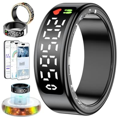 2026 Bague Connectée Homme Femme, Smart Ring avec Écran LED, Trackers d'Activité avec Android/iOS, Anneau Intelligent Health Fitness IP68 avec Sommeil/SpO2/HRV/Stress/Fréquence Cardiaque (Noir, 13)