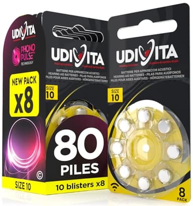 80 Piles Auditives Taille 10 Udivita PR70 (Jaune) avec Technologie Phono Pulse Zinc-Air Hearing Evolution - 10 Blisters de 8 Piles
