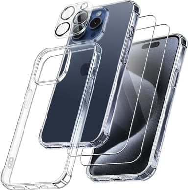 FLLAO 4 en 1 Coque pour iPhone 15 Pro avec 2 Verre Trempé et 1 Caméra Protecteur, [Coussin d'air Intégré] Antichoc Antirayures Bumper Protection Housse pour iPhone 15 Pro 6.1", Transparent