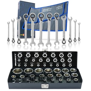HASKYY Jeu d'outils en pouces 24 pièces clés à douille 5/32"-1,1/4" et clé à cliquet 12 pièces 1/4"-15/16" avec angle de travail 15° / pouces pour véhicules américains