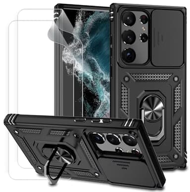 Dechyi Coque pour Samsung Galaxy S23 Ultra avec Protection ecran Coulissante Couverture Support d’Anneau Rotatif Armor Silicone Étui Antichoc Housse Bumper-Noir