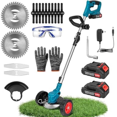 Coupe-bordures à batterie, tondeuse à gazon sans fil avec batterie de 2000 mAh et 3 lames de coupe, coupe-mauvaises herbes, outil pour jardin et cour, tondeuse à gazon, coupe-bords, pelouse