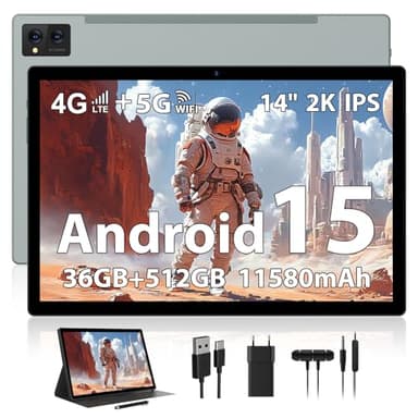 WOREGOO 14 Pouces Tablette Android 15, Tablette Tactile 5G WiFi et 4G LTE, 36GB RAM + 512GB ROM(1TB TF), Octa-Core/2000 * 1200FHD 2K/BT5.0/13MP+8MP/11580mAh/GPS/GMS avec étui et Stylet, Gris