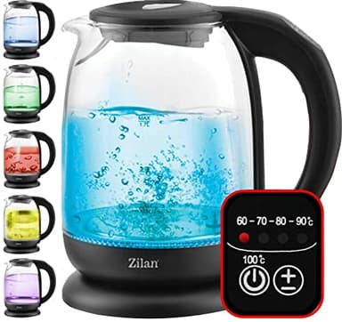 Zilan, Bouilloire en verre à écran numérique et LED, différentes couleurs,1.7lt, 5 réglages différents de la température, Bouilloire sans fil avec corps en verre à haut borosilicate à 360°, 2200W